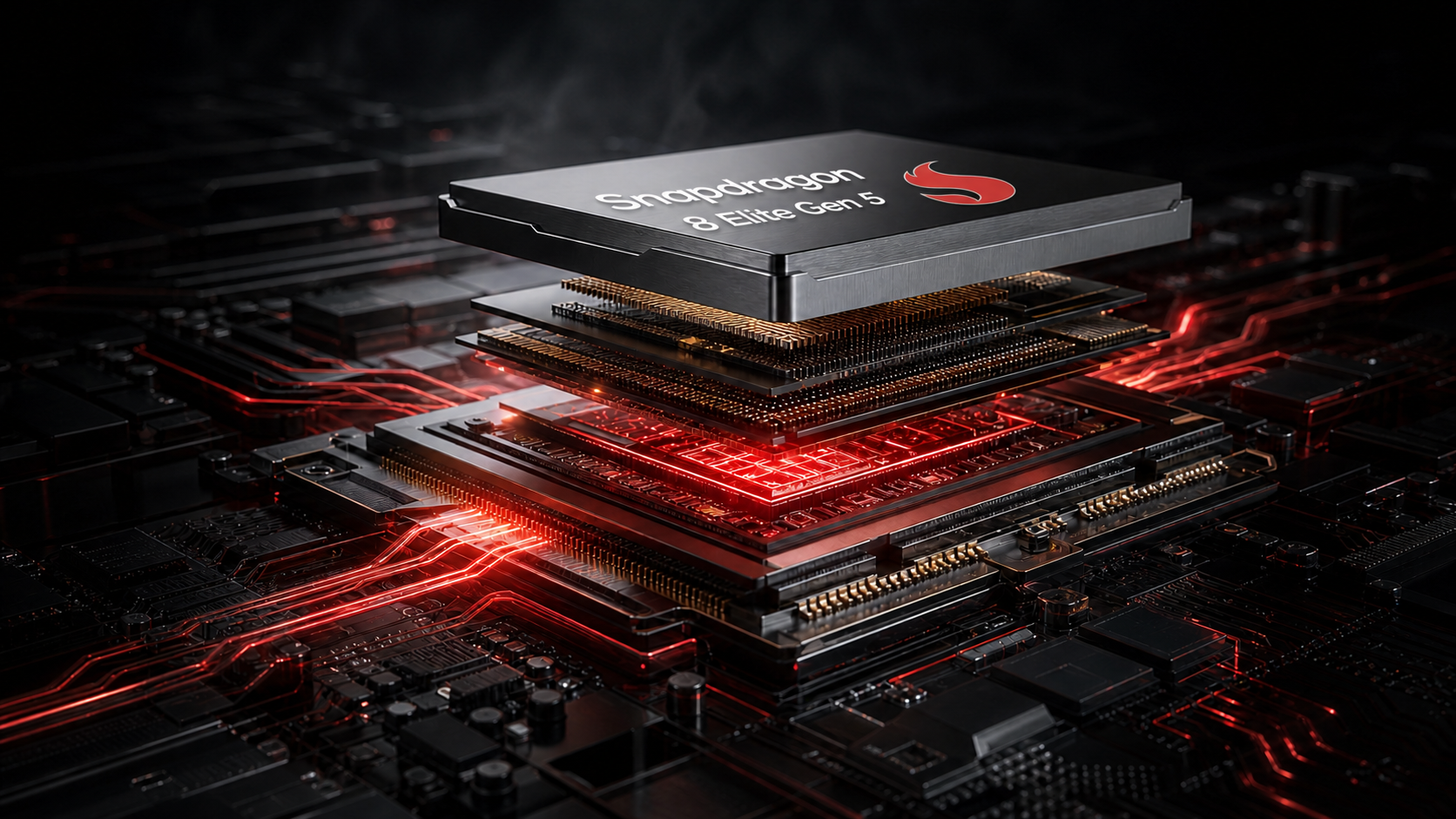 Snapdragon 8 Elite Gen 5 processor in an exploded cinematic silicon assembly
